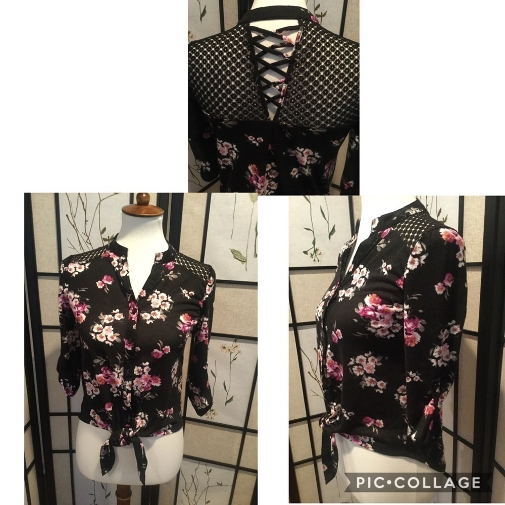 No Boundaries Floral Top With Mesh Yoke